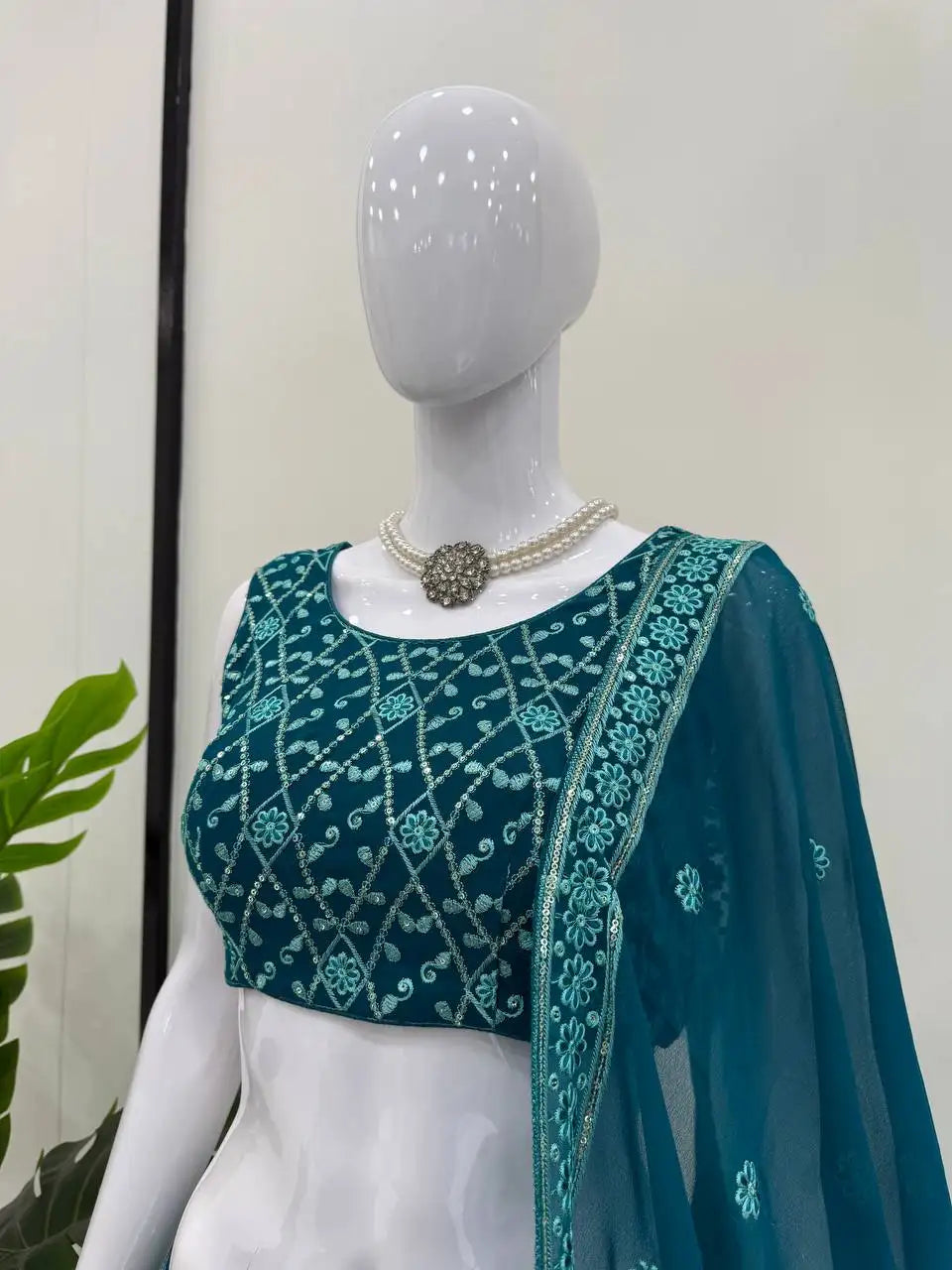 Light Sea Green Thread Embroidered Lehenga – Sequins Work, Faux Georgette, 3.5M Flair Kalyanja